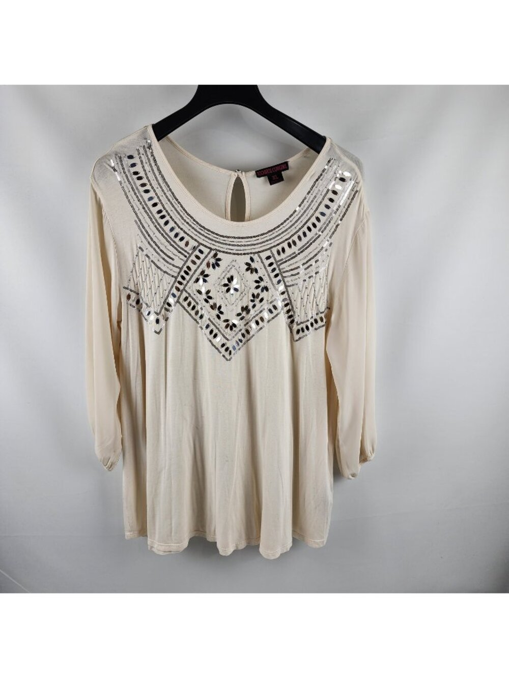Rock & Roll Cowgirl Shirt Womens XL Cream 3/4 Sleeve Bling Tunic